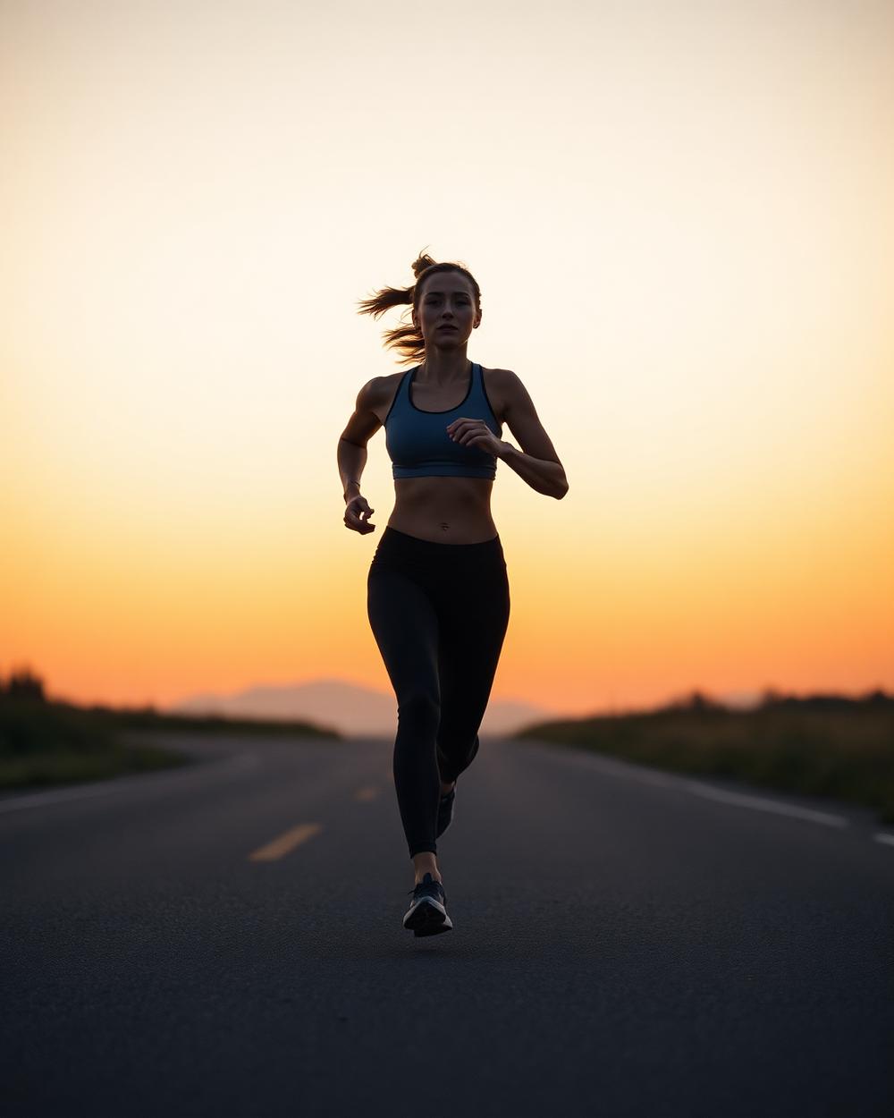 Mujer corriendo al amanecer en una ruta
